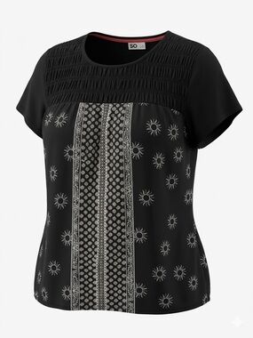 SO Black Short-Sleeve Smocked Yoke Printed Panel Top